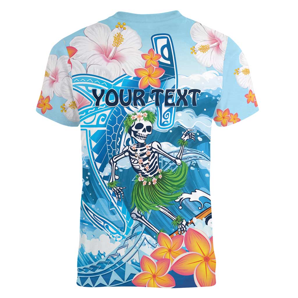 Personalized Hawaii Hula Girl Skeleton Dancing Women V-Neck T-Shirt Hibiscus Tribal Shark