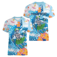 Personalized Hawaii Hula Girl Skeleton Dancing Women V-Neck T-Shirt Hibiscus Tribal Shark