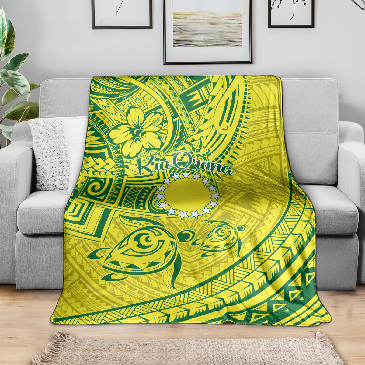 Kia Orana Cook Islands Blanket Turtle Yellow Green Polynesian Pattern LT01 - Polynesian Pride