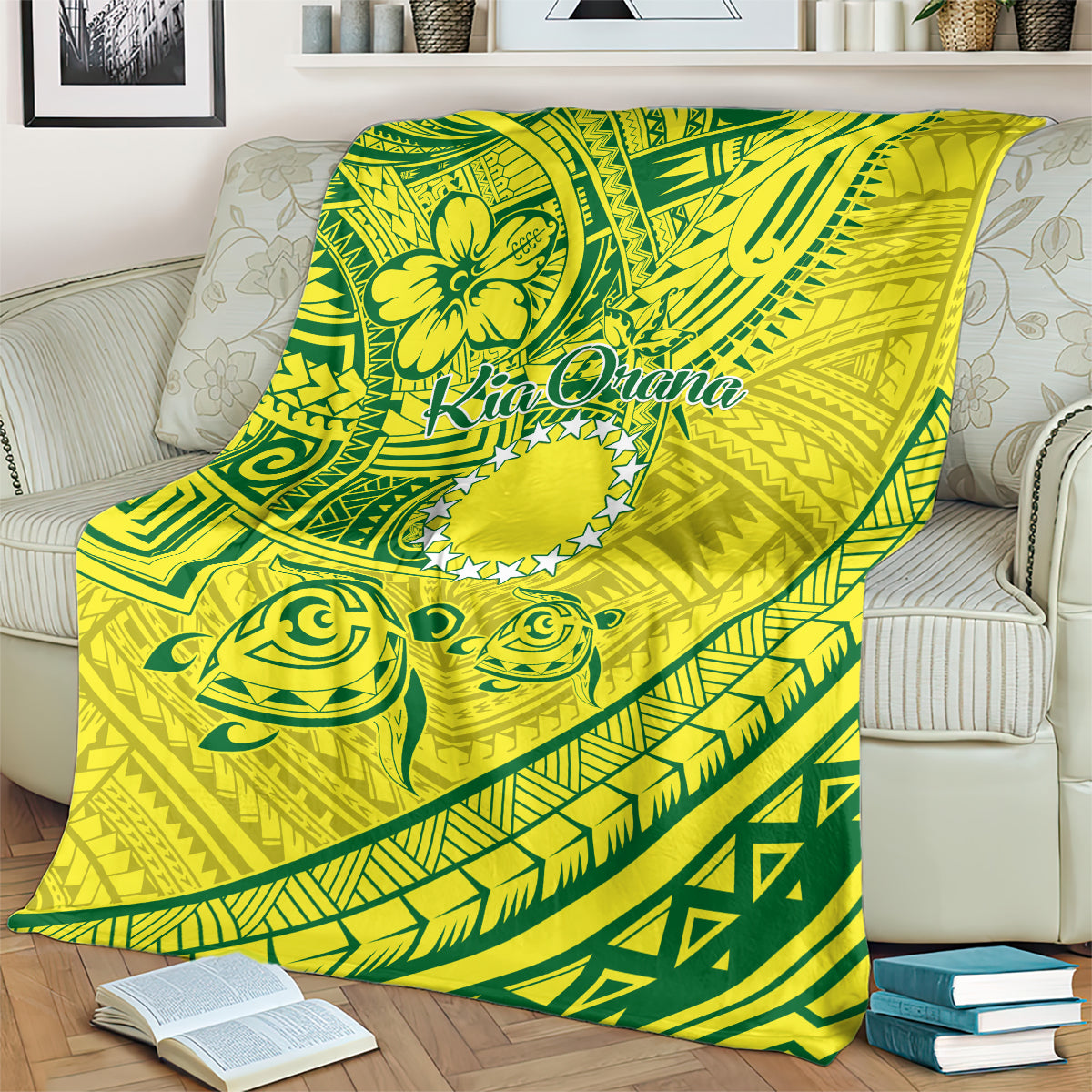 Kia Orana Cook Islands Blanket Turtle Yellow Green Polynesian Pattern LT01 - Polynesian Pride