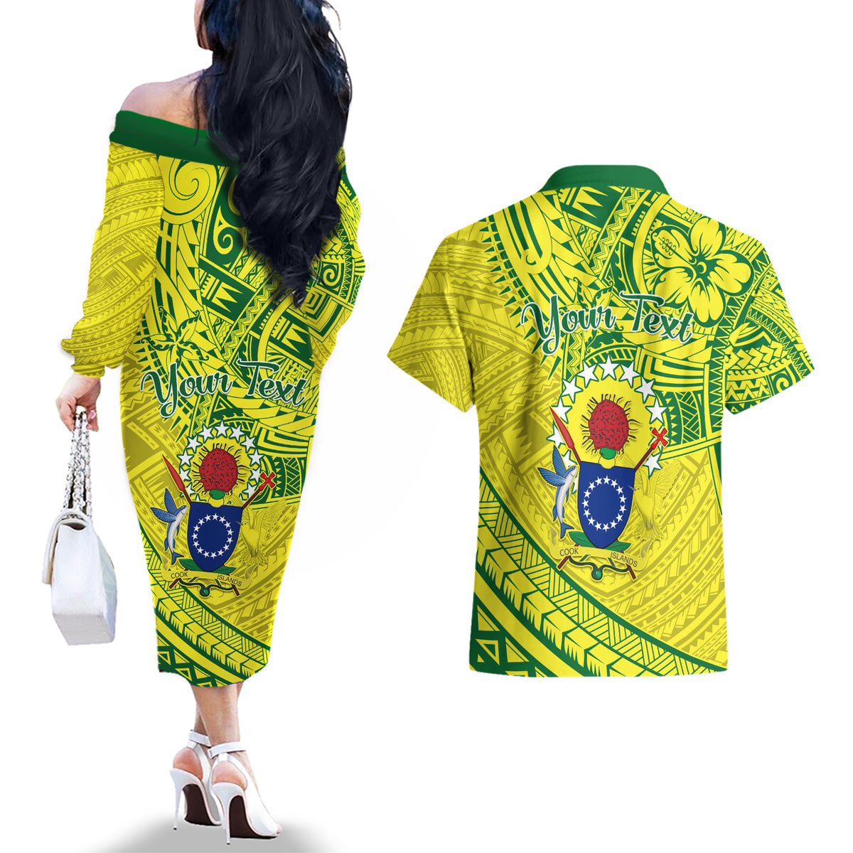 Kia Orana Cook Islands Couples Matching Off The Shoulder Long Sleeve Dress and Hawaiian Shirt Turtle Yellow Green Polynesian Pattern LT01 - Polynesian Pride