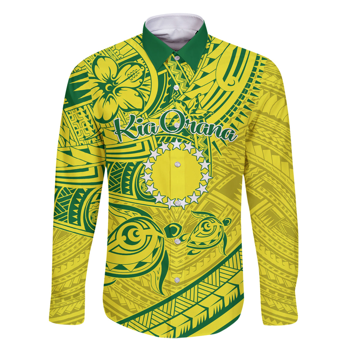 Kia Orana Cook Islands Family Matching Long Sleeve Bodycon Dress and Hawaiian Shirt Turtle Yellow Green Polynesian Pattern LT01 Dad's Shirt - Long Sleeve Green - Polynesian Pride