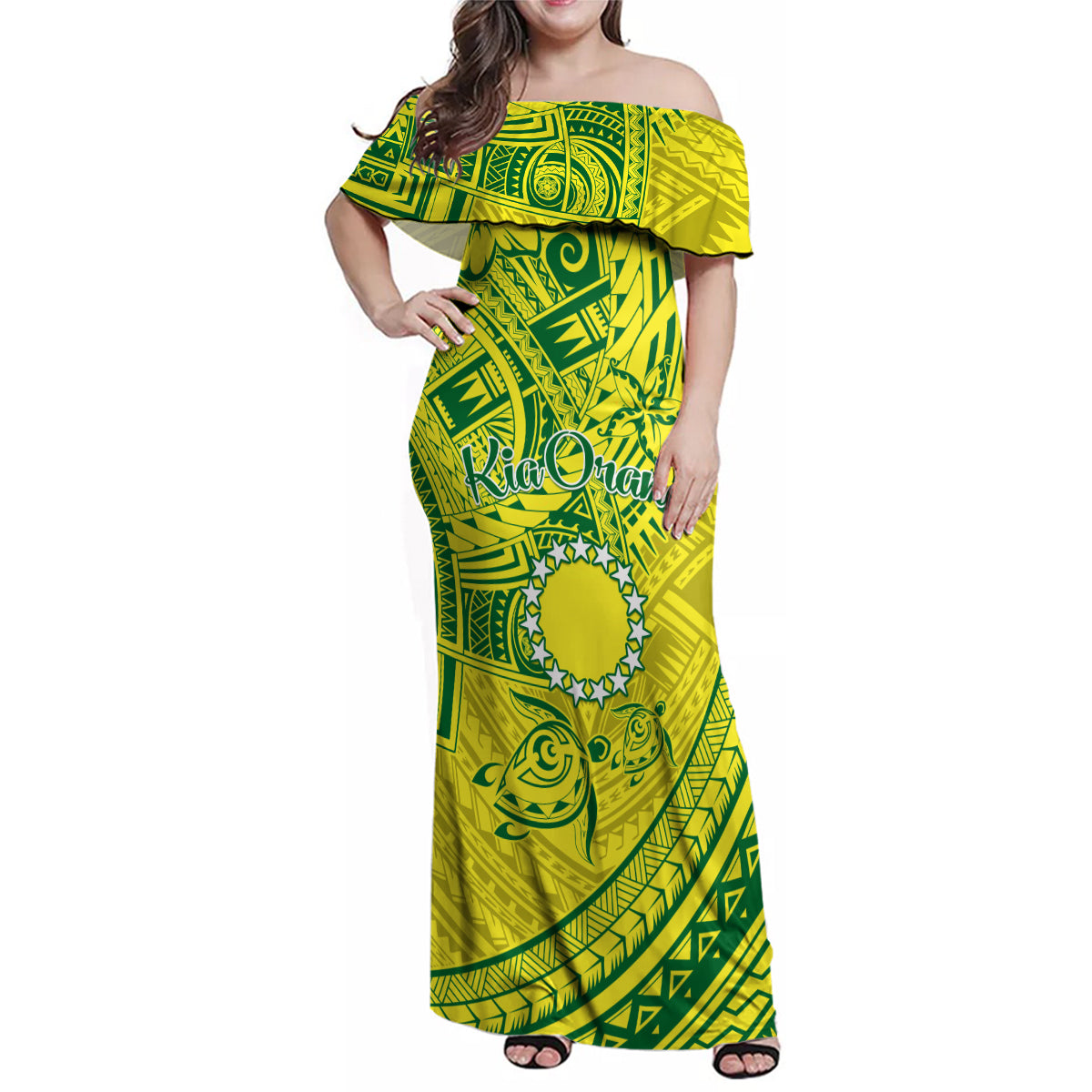 Kia Orana Cook Islands Family Matching Off Shoulder Maxi Dress and Hawaiian Shirt Turtle Yellow Green Polynesian Pattern LT01 Mom's Dress Green - Polynesian Pride