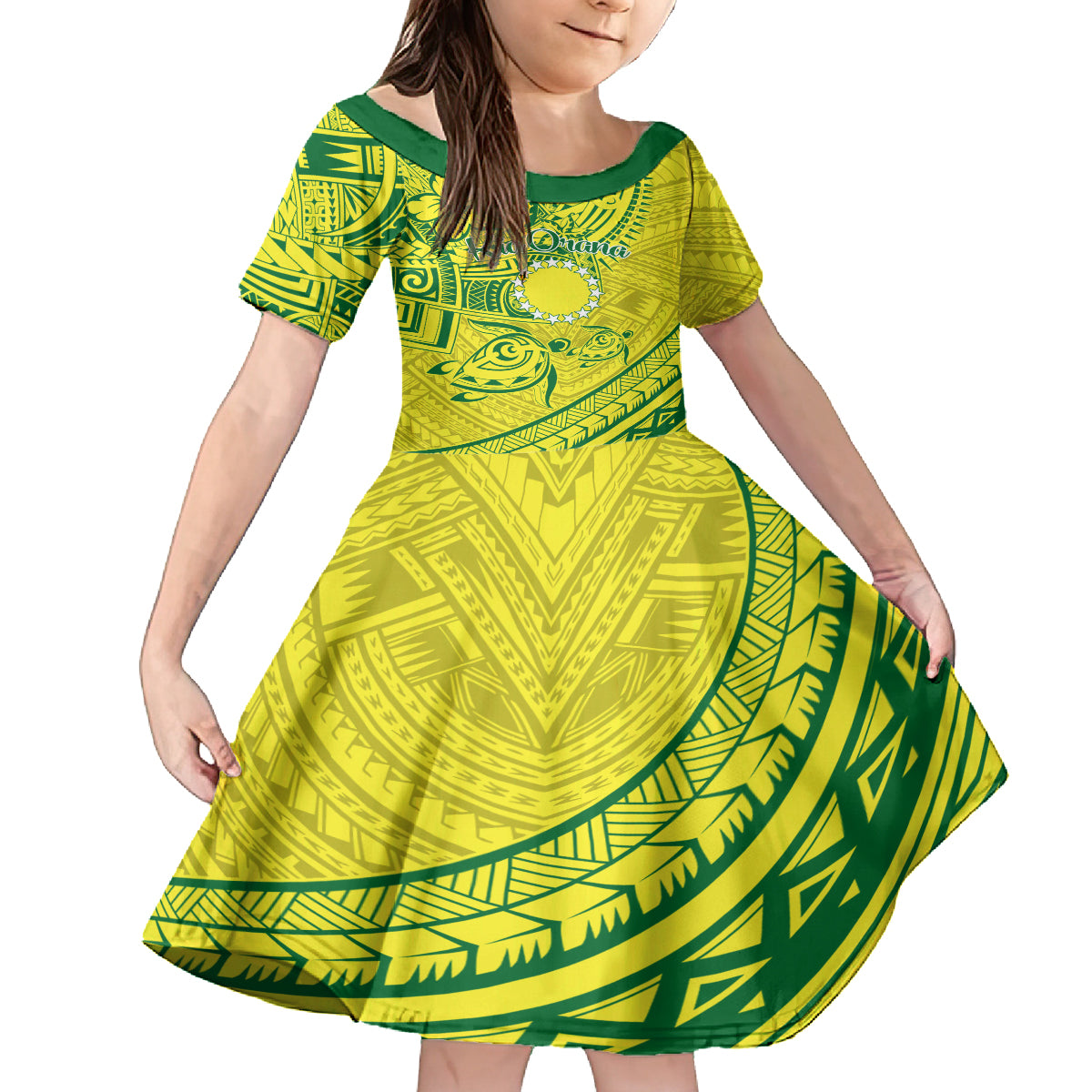 Kia Orana Cook Islands Family Matching Tank Maxi Dress and Hawaiian Shirt Turtle Yellow Green Polynesian Pattern LT01 Daughter's Dress Green - Polynesian Pride