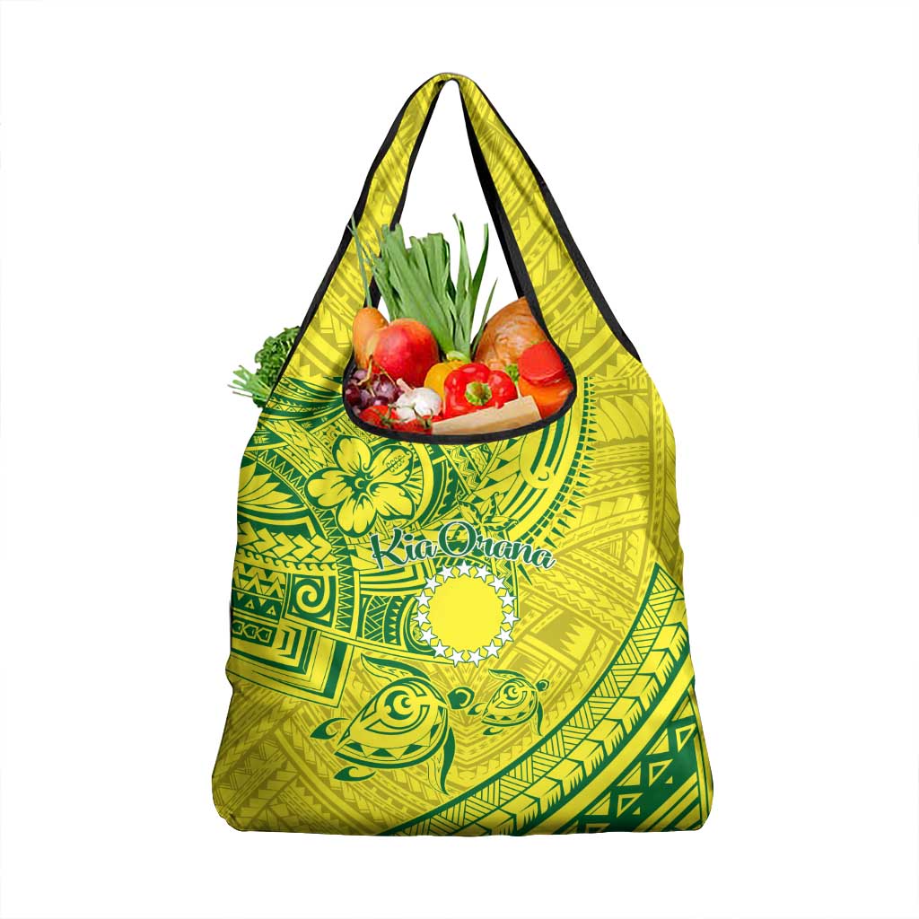 Kia Orana Cook Islands Grocery Bag Turtle Yellow Green Polynesian Pattern