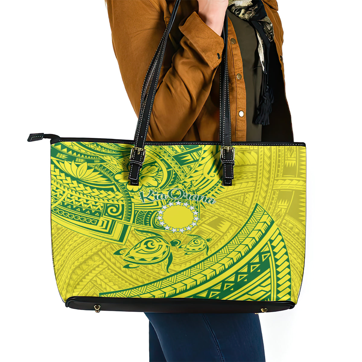 Kia Orana Cook Islands Leather Tote Bag Turtle Yellow Green Polynesian Pattern LT01 - Polynesian Pride