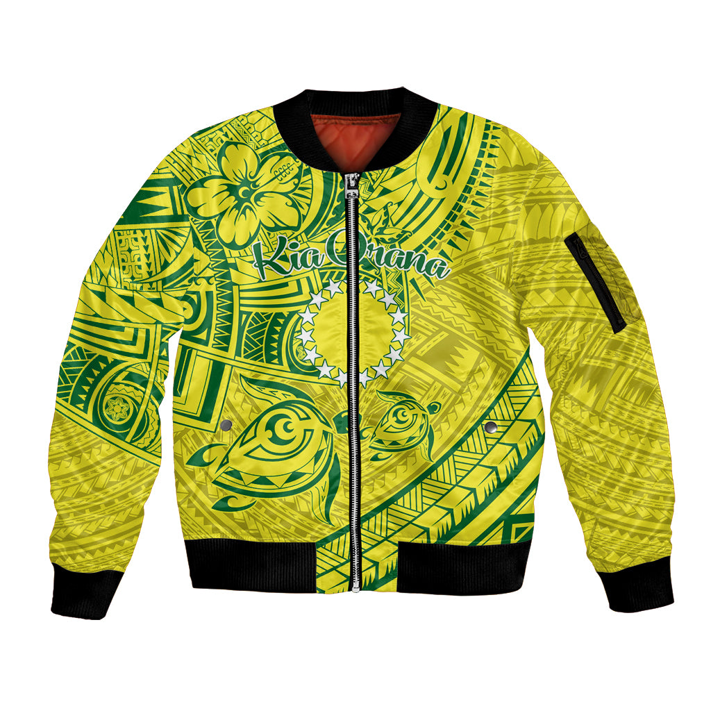 Kia Orana Cook Islands Sleeve Zip Bomber Jacket Turtle Yellow Green Polynesian Pattern LT01 Unisex Green - Polynesian Pride
