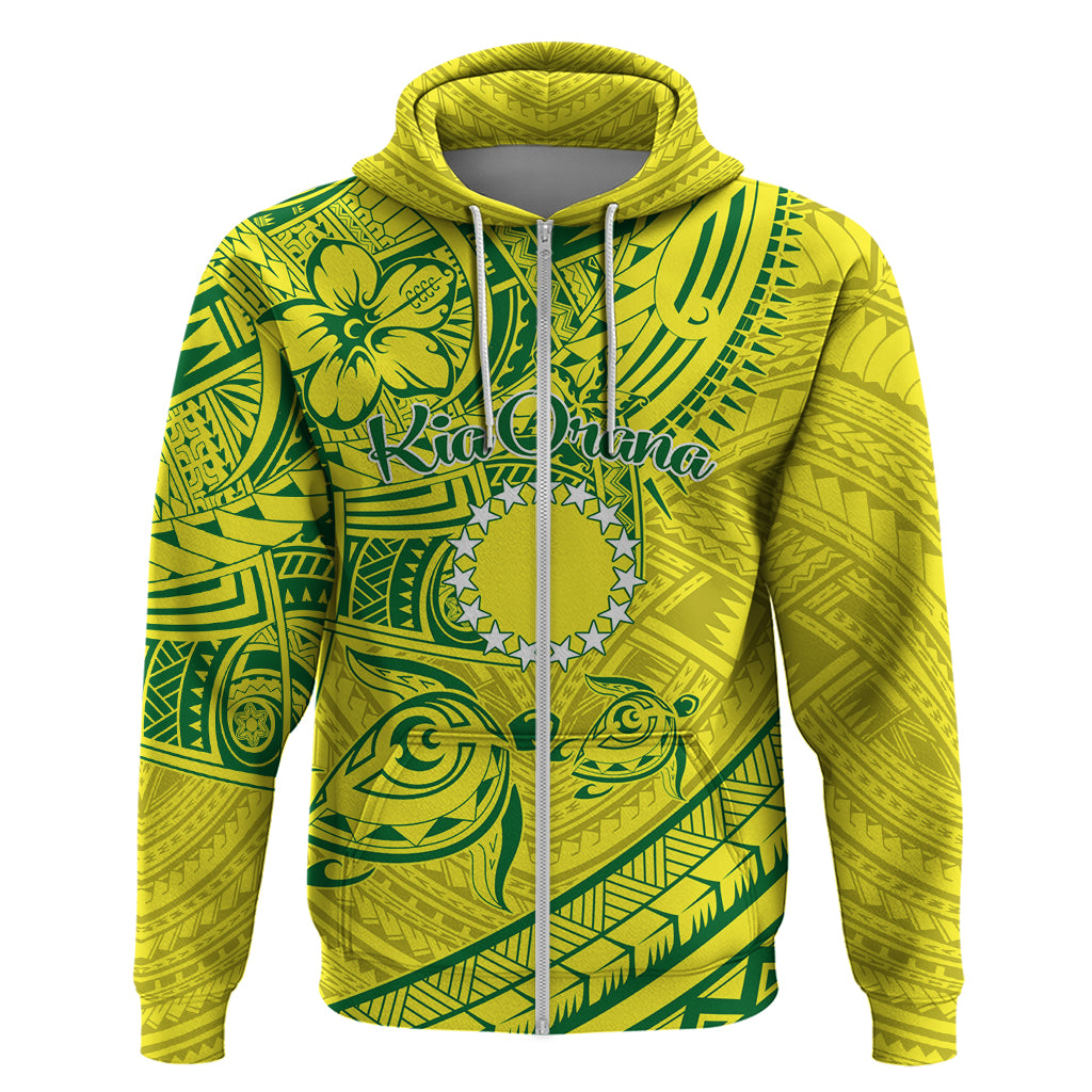 Kia Orana Cook Islands Zip Hoodie Turtle Yellow Green Polynesian Pattern LT01 Zip Hoodie Green - Polynesian Pride