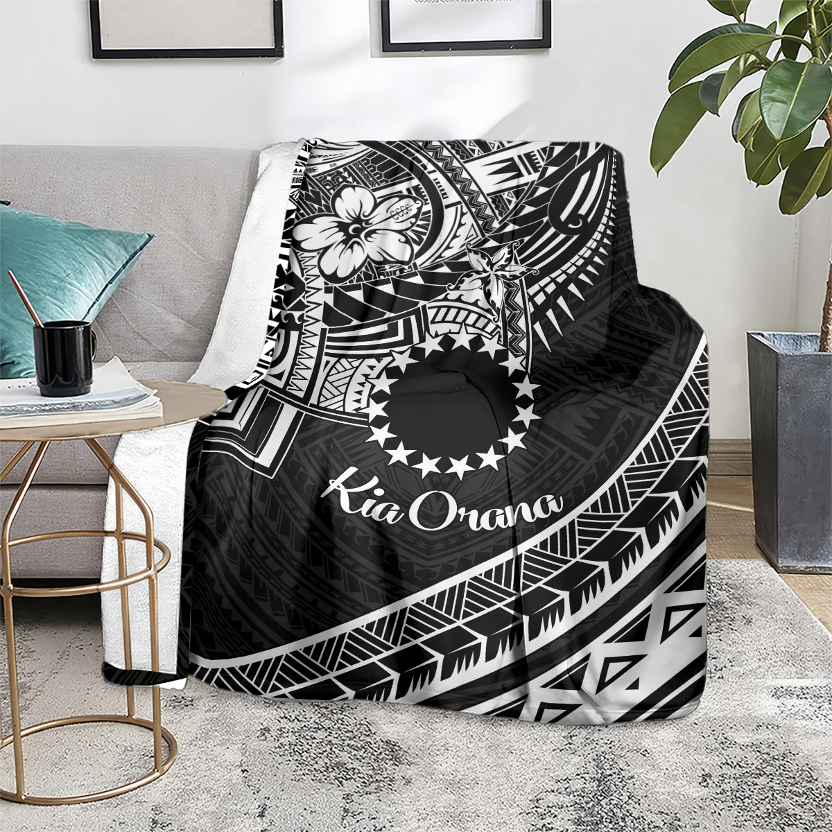 Kia Orana Cook Islands Blanket Circle Stars With Floral White Pattern LT01 - Polynesian Pride