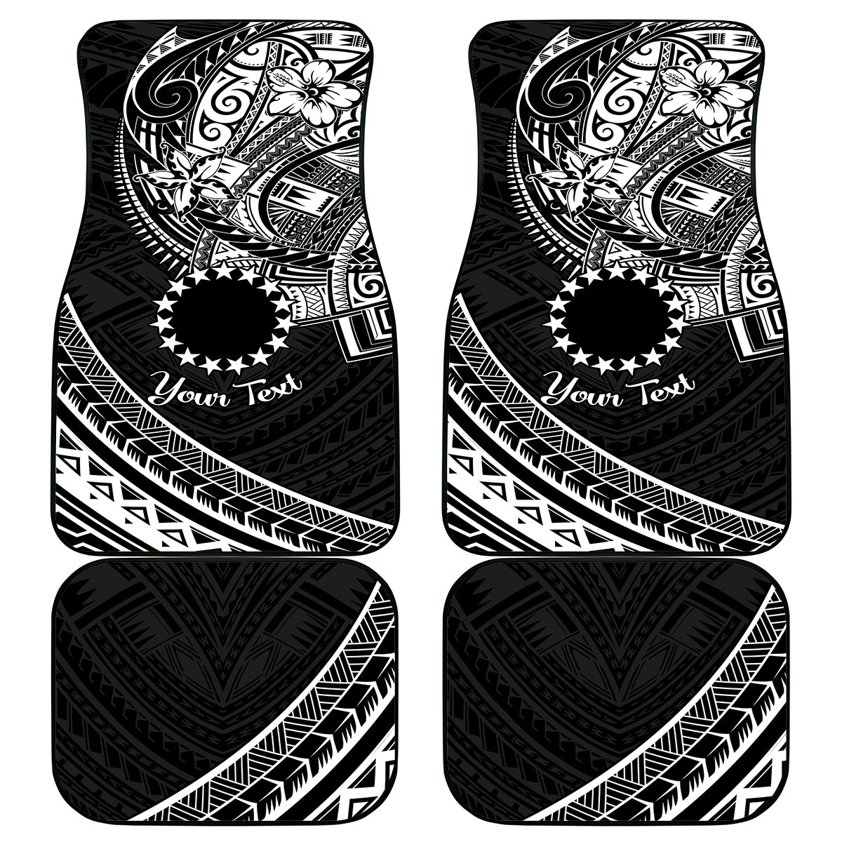Kia Orana Cook Islands Car Mats Circle Stars With Floral White Pattern LT01 Black - Polynesian Pride