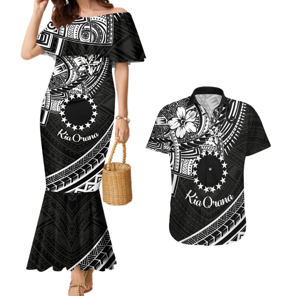Kia Orana Cook Islands Couples Matching Mermaid Dress and Hawaiian Shirt Circle Stars With Floral White Pattern LT01 Black - Polynesian Pride