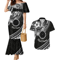 Kia Orana Cook Islands Couples Matching Mermaid Dress and Hawaiian Shirt Circle Stars With Floral White Pattern LT01 Black - Polynesian Pride