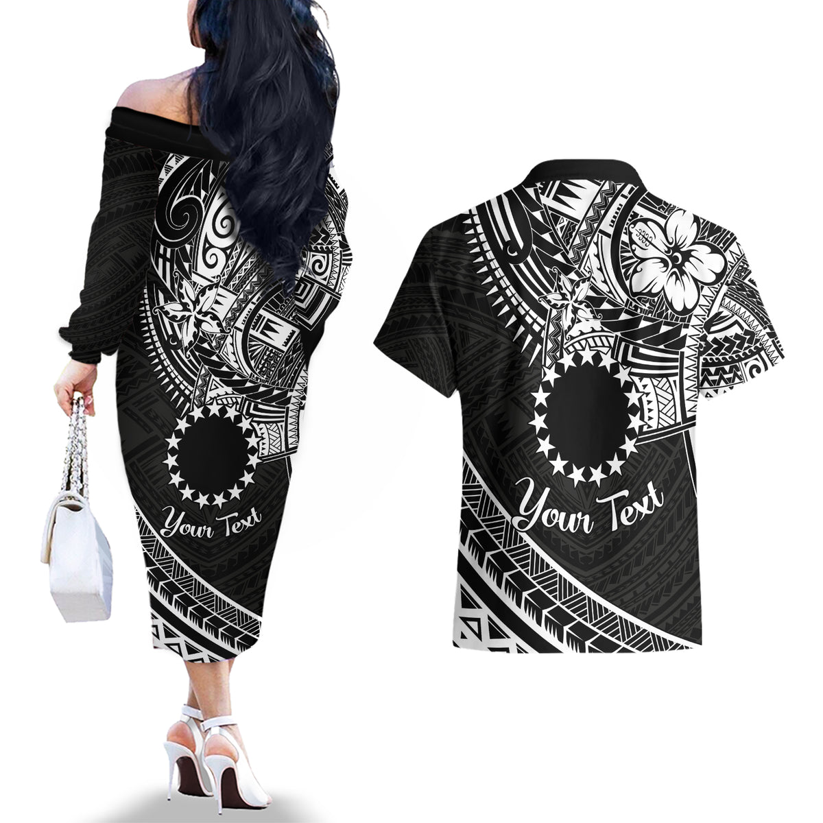 Kia Orana Cook Islands Couples Matching Off The Shoulder Long Sleeve Dress and Hawaiian Shirt Circle Stars With Floral White Pattern LT01 - Polynesian Pride