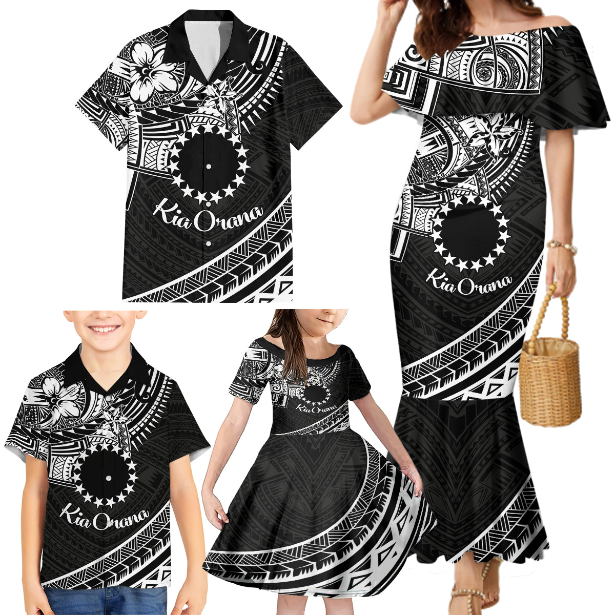 Kia Orana Cook Islands Family Matching Mermaid Dress and Hawaiian Shirt Circle Stars With Floral White Pattern LT01 - Polynesian Pride