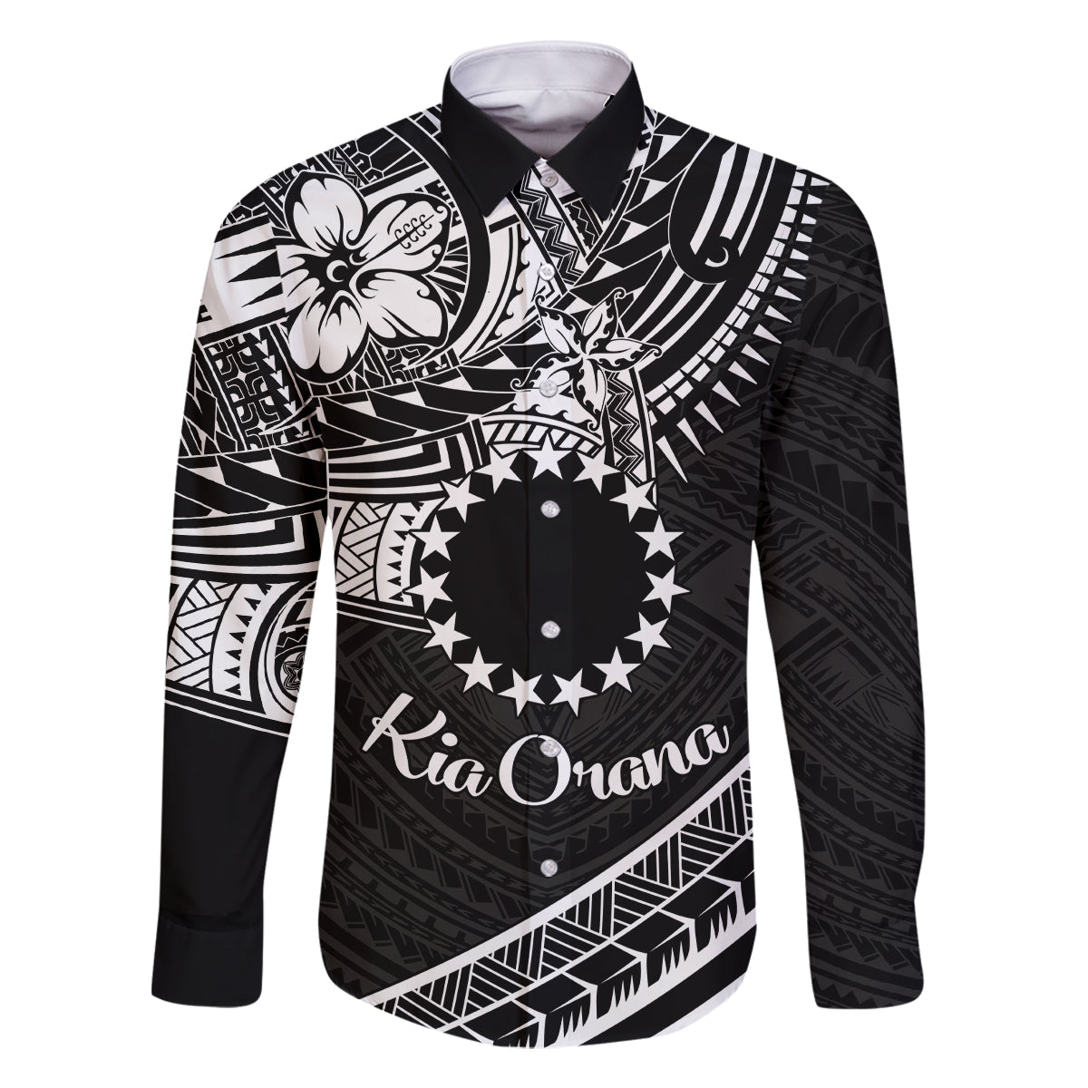 Kia Orana Cook Islands Family Matching Mermaid Dress and Hawaiian Shirt Circle Stars With Floral White Pattern LT01 Dad's Shirt - Long Sleeve Black - Polynesian Pride