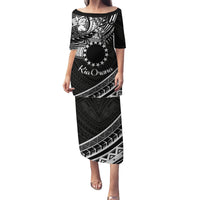 Kia Orana Cook Islands Family Matching Puletasi Dress and Hawaiian Shirt Circle Stars With Floral White Pattern LT01 Mom's Dress Black - Polynesian Pride