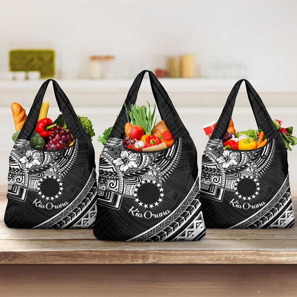 Kia Orana Cook Islands Grocery Bag Circle Stars With Floral White Pattern