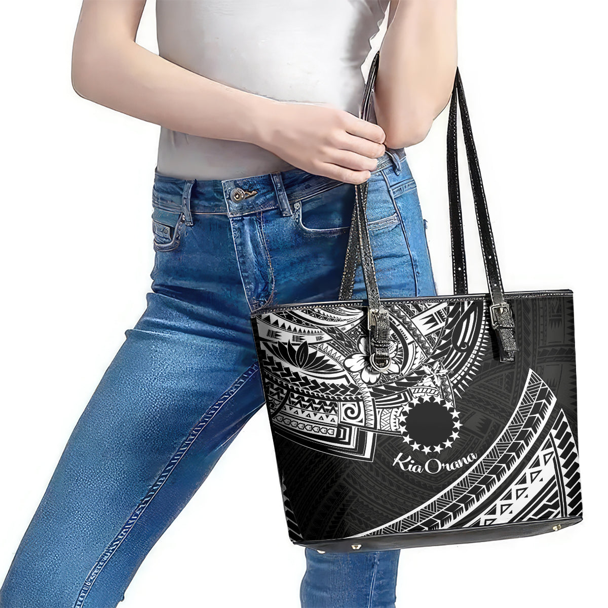 Kia Orana Cook Islands Leather Tote Bag Circle Stars With Floral White Pattern LT01 - Polynesian Pride