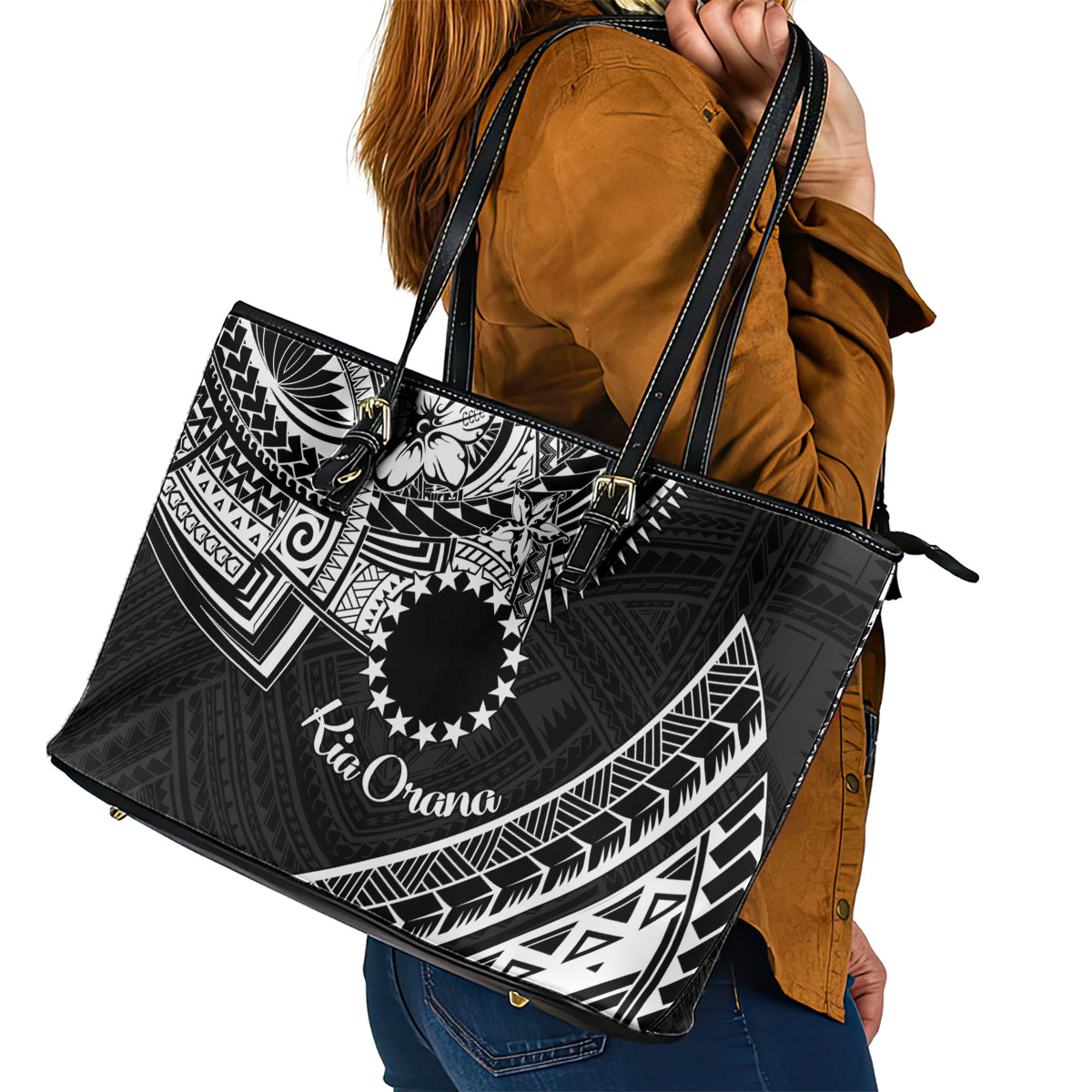 Kia Orana Cook Islands Leather Tote Bag Circle Stars With Floral White Pattern LT01 - Polynesian Pride