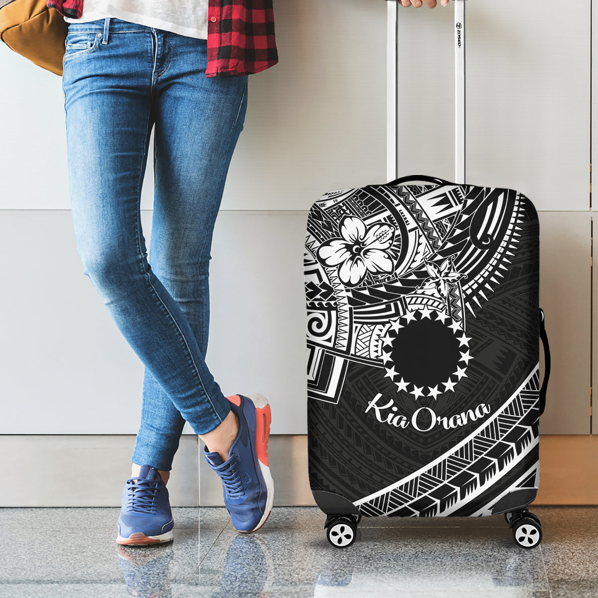 Kia Orana Cook Islands Luggage Cover Circle Stars With Floral White Pattern LT01 - Polynesian Pride
