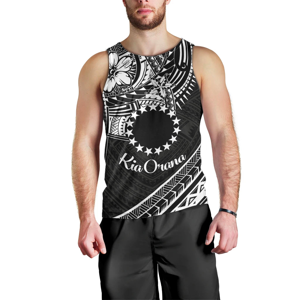 Kia Orana Cook Islands Men Tank Top Circle Stars With Floral White Pattern LT01 - Polynesian Pride