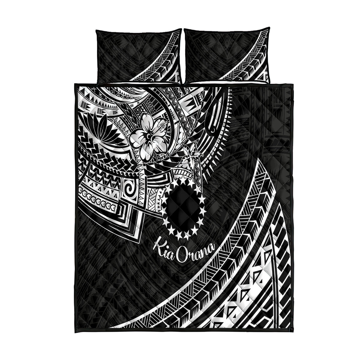 Kia Orana Cook Islands Quilt Bed Set Circle Stars With Floral White Pattern LT01 Black - Polynesian Pride