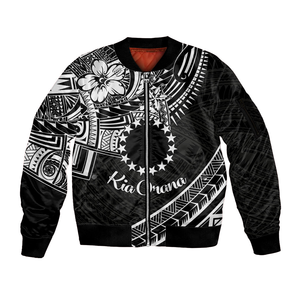 Kia Orana Cook Islands Sleeve Zip Bomber Jacket Circle Stars With Floral White Pattern LT01 Unisex Black - Polynesian Pride