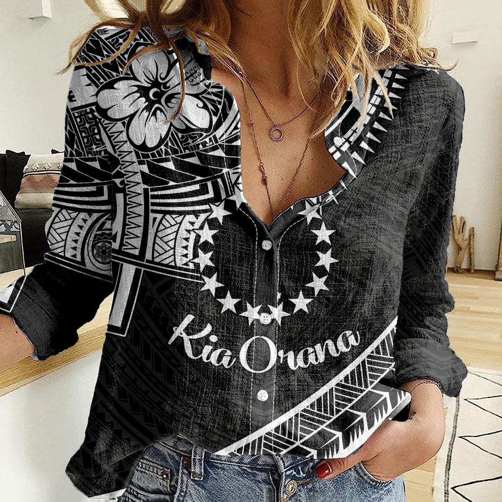Kia Orana Cook Islands Women Casual Shirt Circle Stars With Floral White Pattern LT01 Female Black - Polynesian Pride
