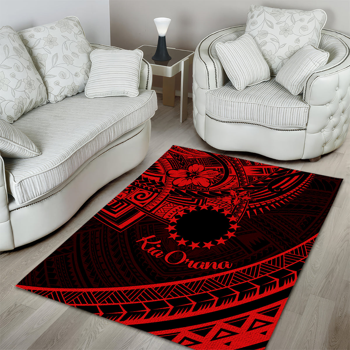 Kia Orana Cook Islands Area Rug Circle Stars With Floral Red Pattern LT01 - Polynesian Pride