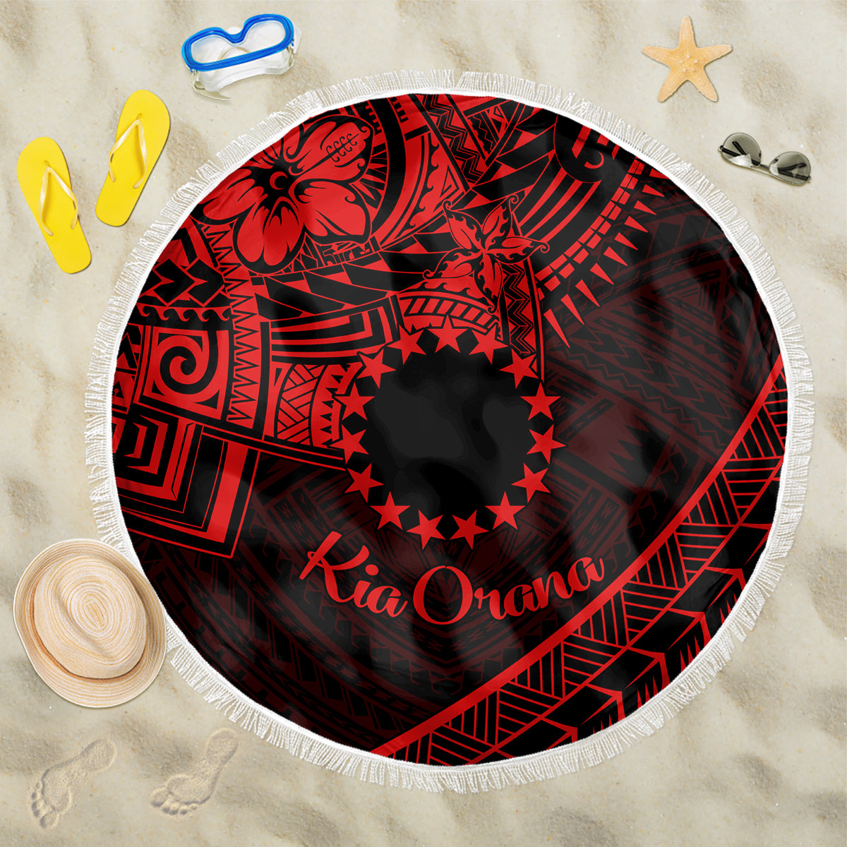 Kia Orana Cook Islands Beach Blanket Circle Stars With Floral Red Pattern LT01 One Size 150cm Red - Polynesian Pride