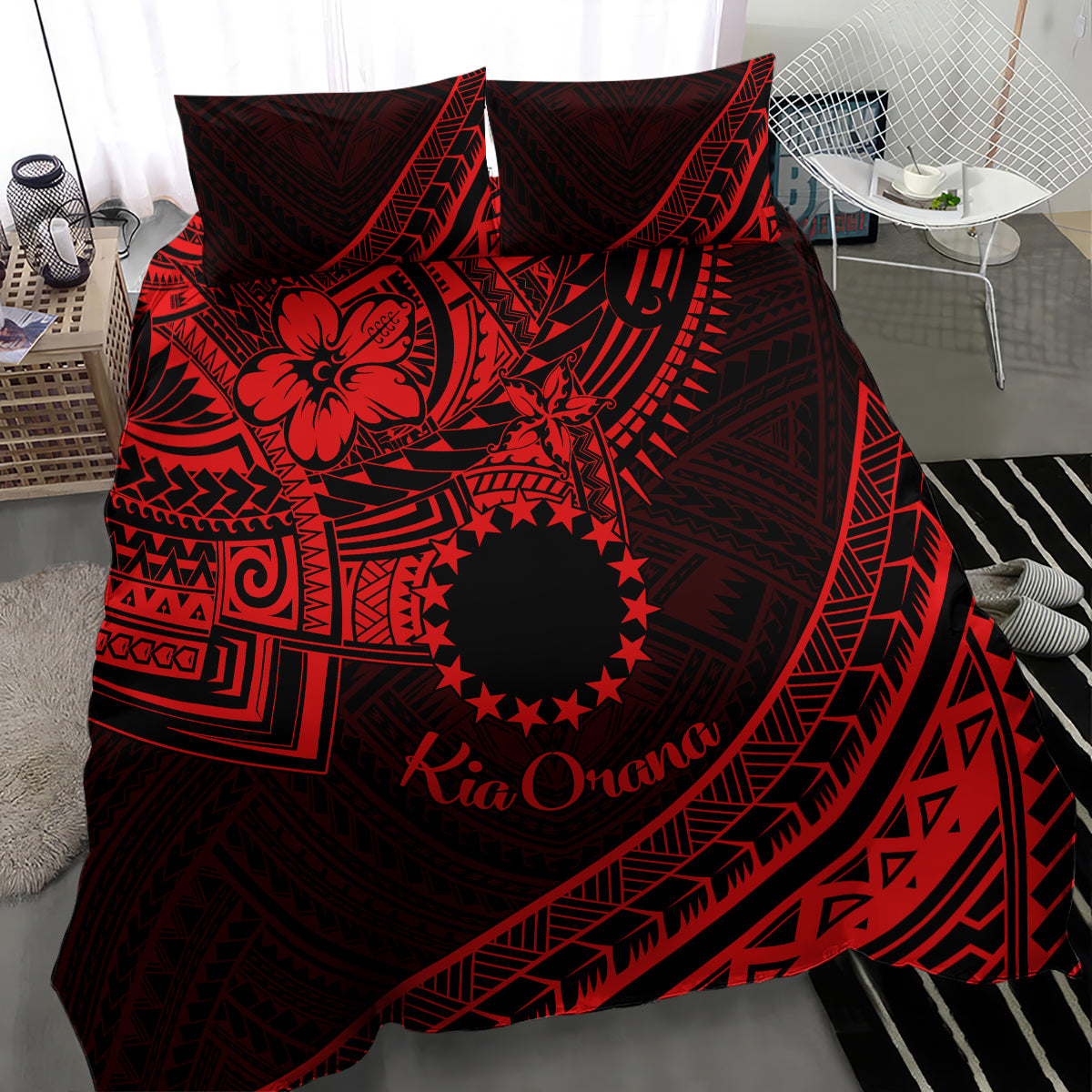 Kia Orana Cook Islands Bedding Set Circle Stars With Floral Red Pattern LT01 - Polynesian Pride