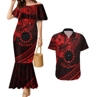 Kia Orana Cook Islands Couples Matching Mermaid Dress and Hawaiian Shirt Circle Stars With Floral Red Pattern LT01 Red - Polynesian Pride