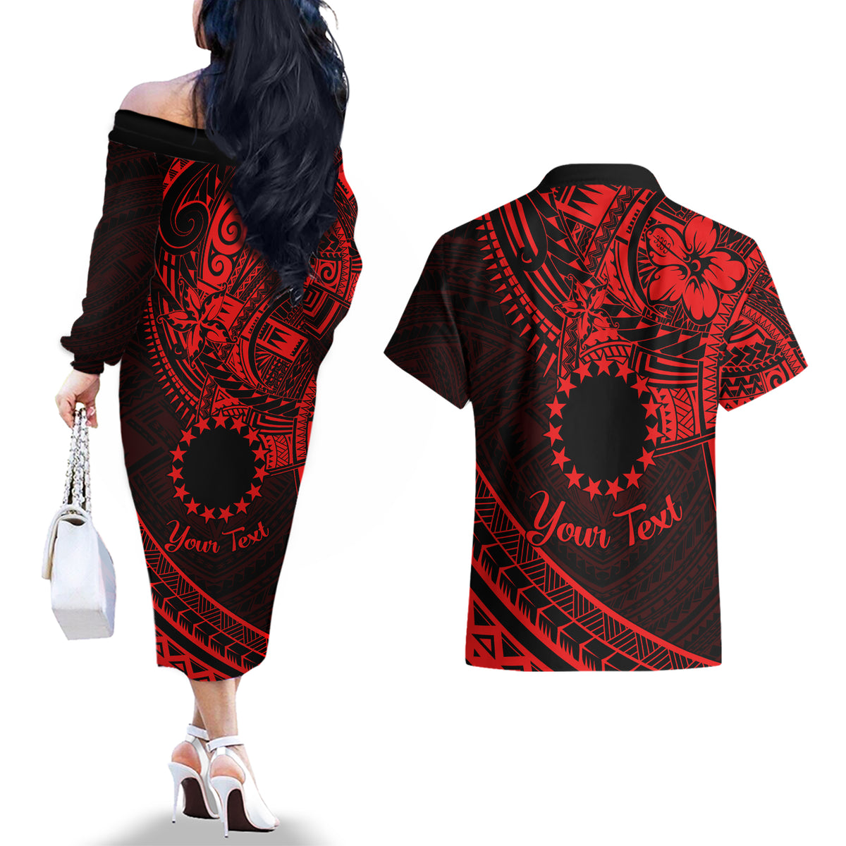 Kia Orana Cook Islands Couples Matching Off The Shoulder Long Sleeve Dress and Hawaiian Shirt Circle Stars With Floral Red Pattern LT01 - Polynesian Pride