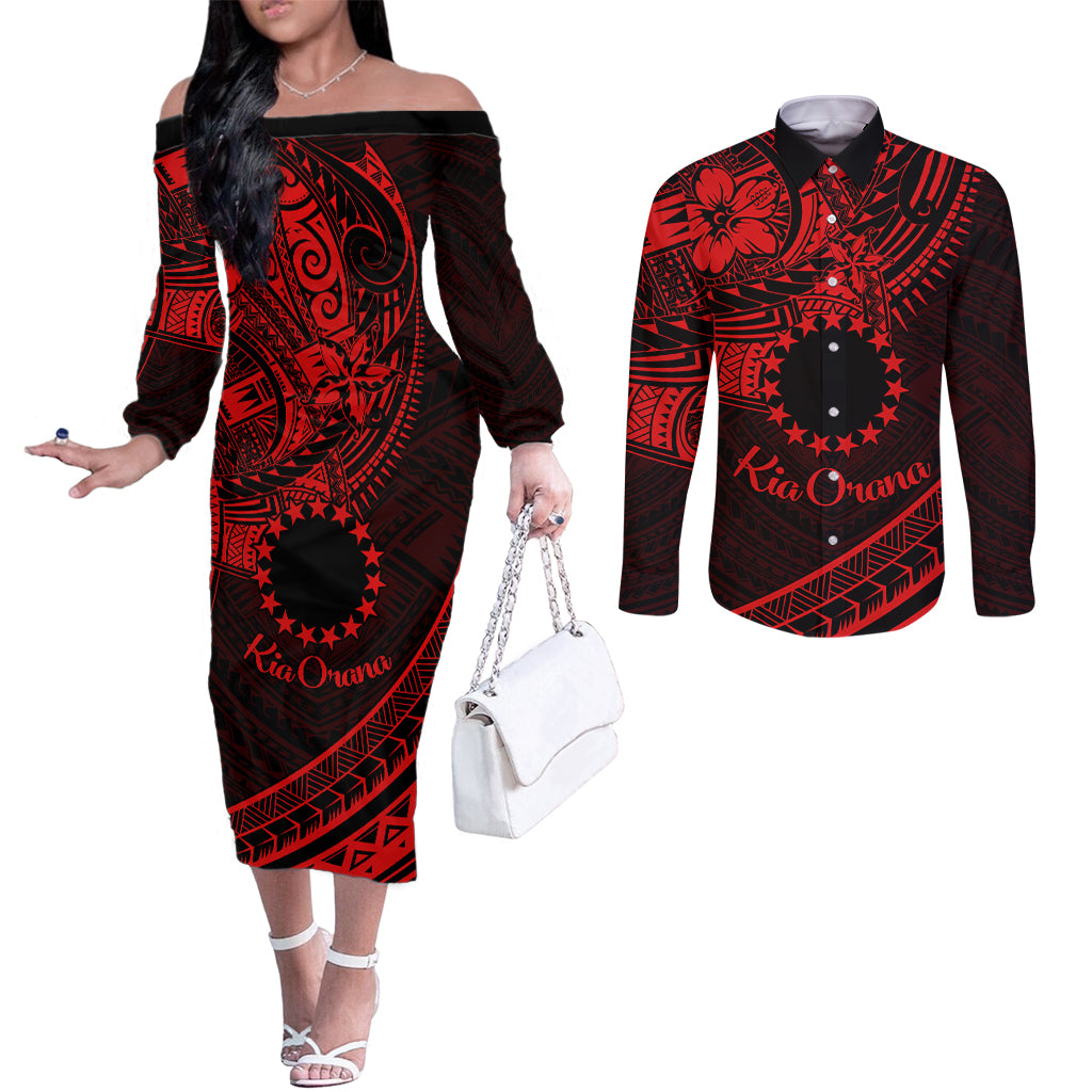 Kia Orana Cook Islands Couples Matching Off The Shoulder Long Sleeve Dress and Long Sleeve Button Shirt Circle Stars With Floral Red Pattern LT01 Red - Polynesian Pride