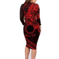 Kia Orana Cook Islands Family Matching Long Sleeve Bodycon Dress and Hawaiian Shirt Circle Stars With Floral Red Pattern LT01 - Polynesian Pride