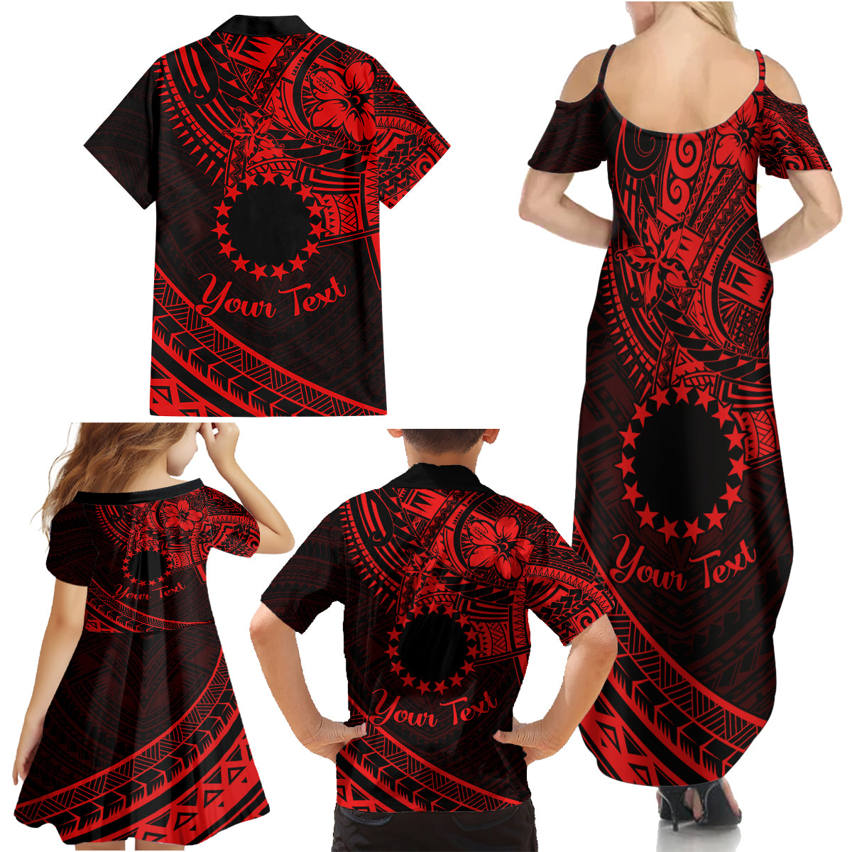 Kia Orana Cook Islands Family Matching Summer Maxi Dress and Hawaiian Shirt Circle Stars With Floral Red Pattern LT01 - Polynesian Pride