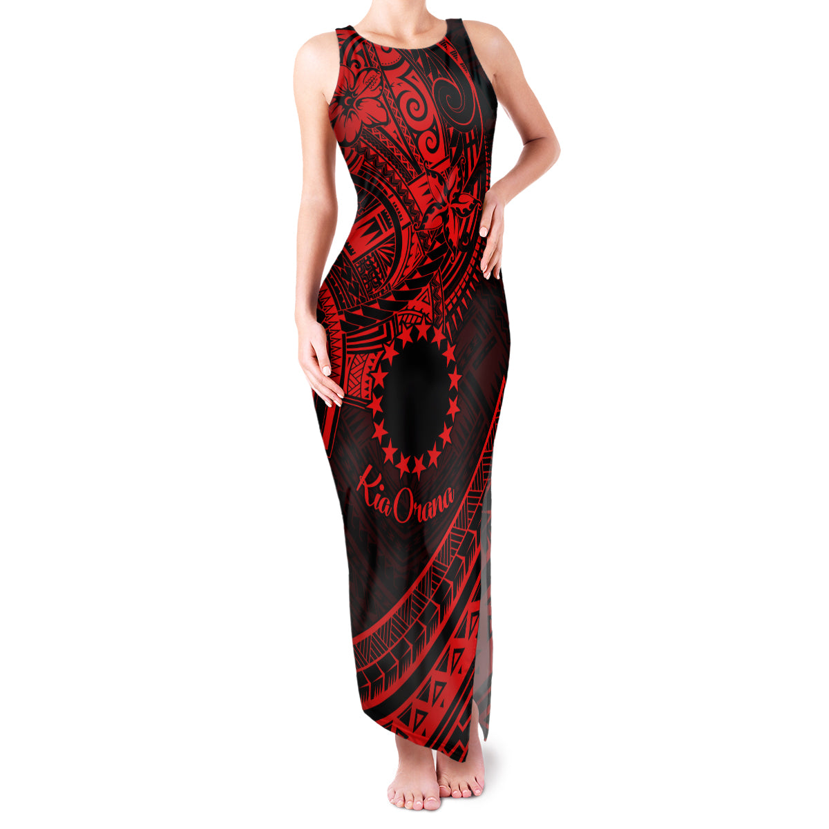 Kia Orana Cook Islands Family Matching Tank Maxi Dress and Hawaiian Shirt Circle Stars With Floral Red Pattern LT01 Mom's Dress Red - Polynesian Pride