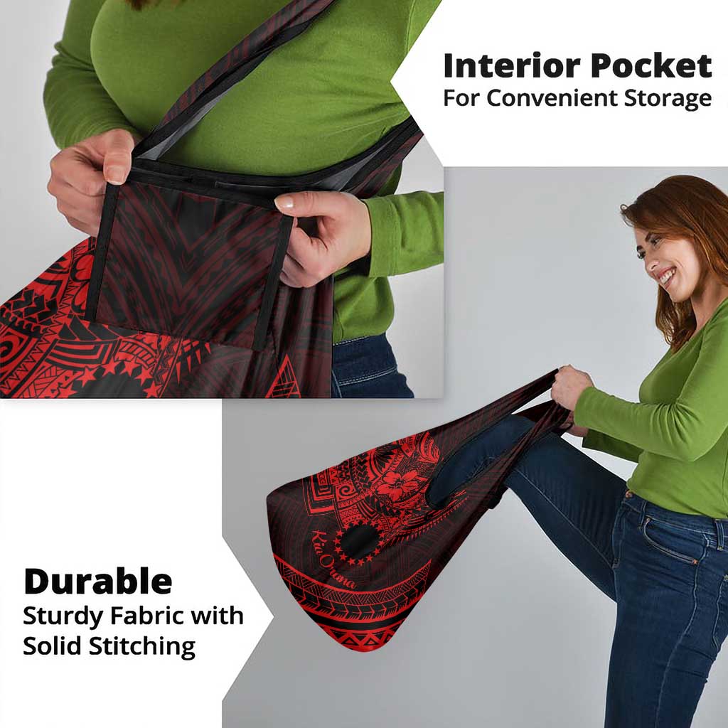 Kia Orana Cook Islands Grocery Bag Circle Stars With Floral Red Pattern