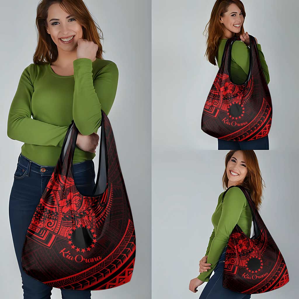 Kia Orana Cook Islands Grocery Bag Circle Stars With Floral Red Pattern