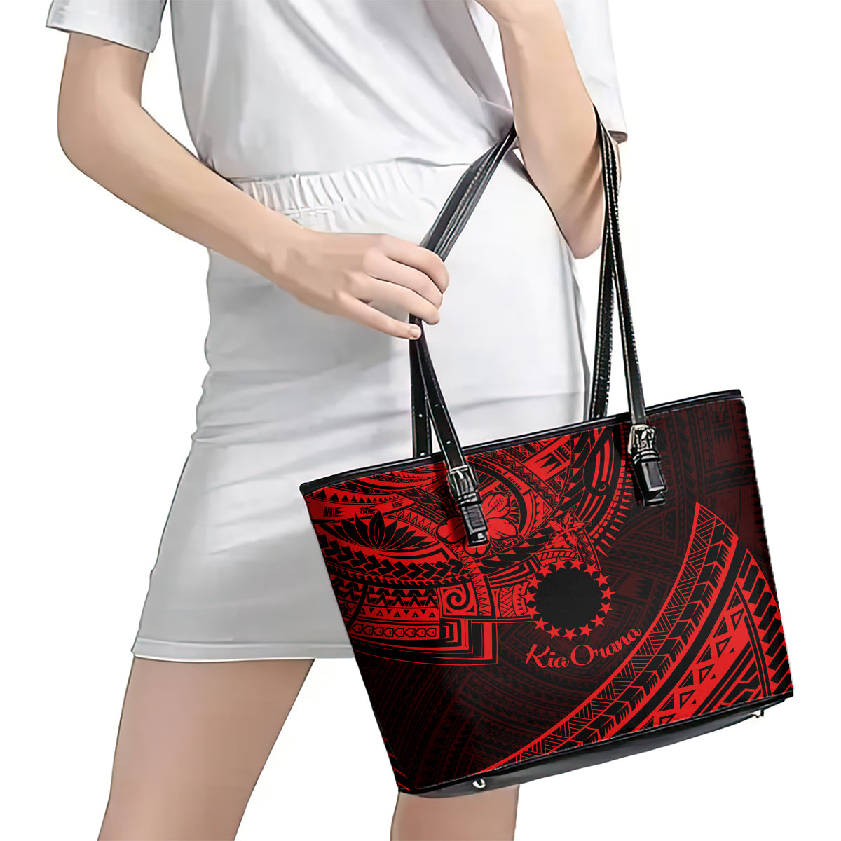 Kia Orana Cook Islands Leather Tote Bag Circle Stars With Floral Red Pattern LT01 - Polynesian Pride