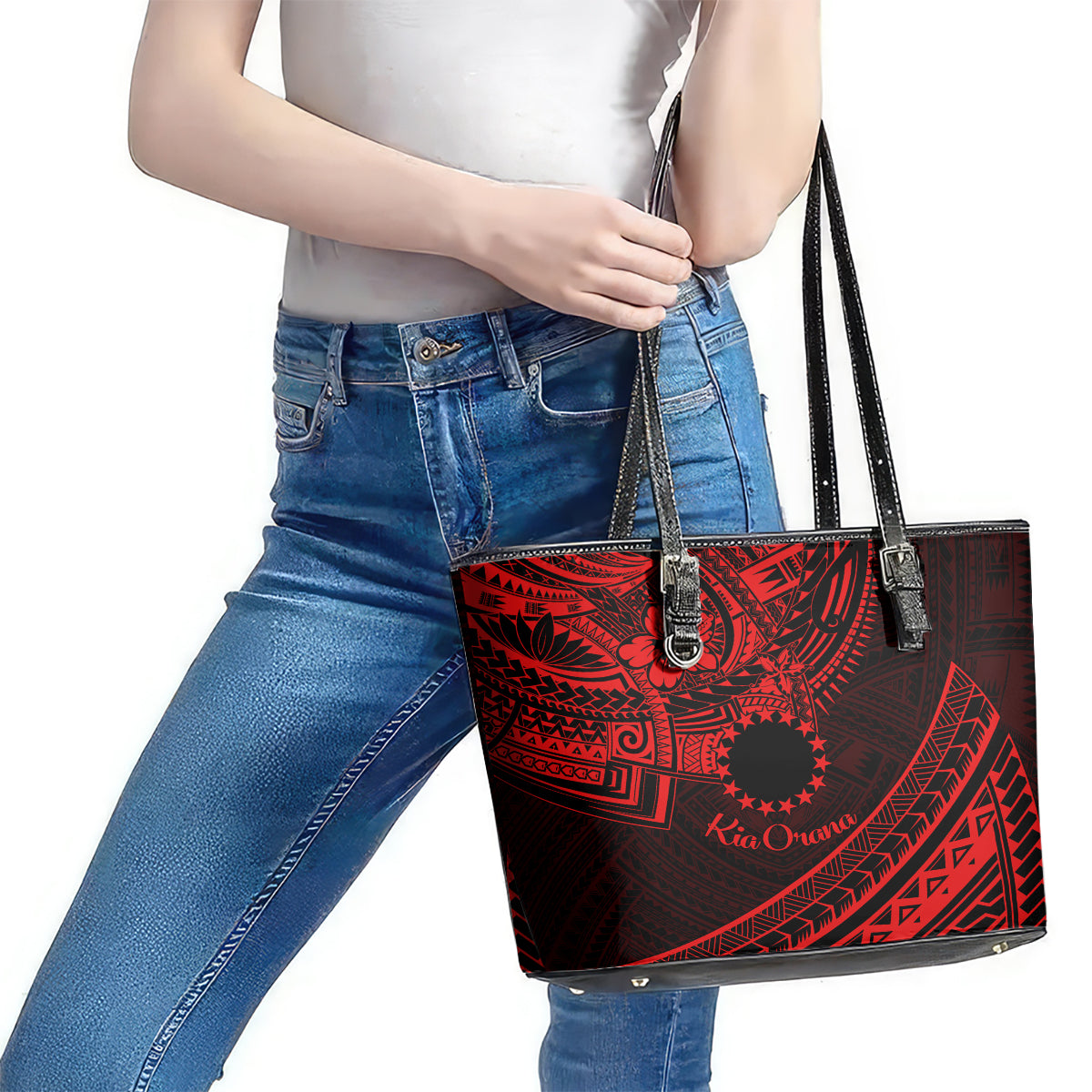 Kia Orana Cook Islands Leather Tote Bag Circle Stars With Floral Red Pattern LT01 - Polynesian Pride