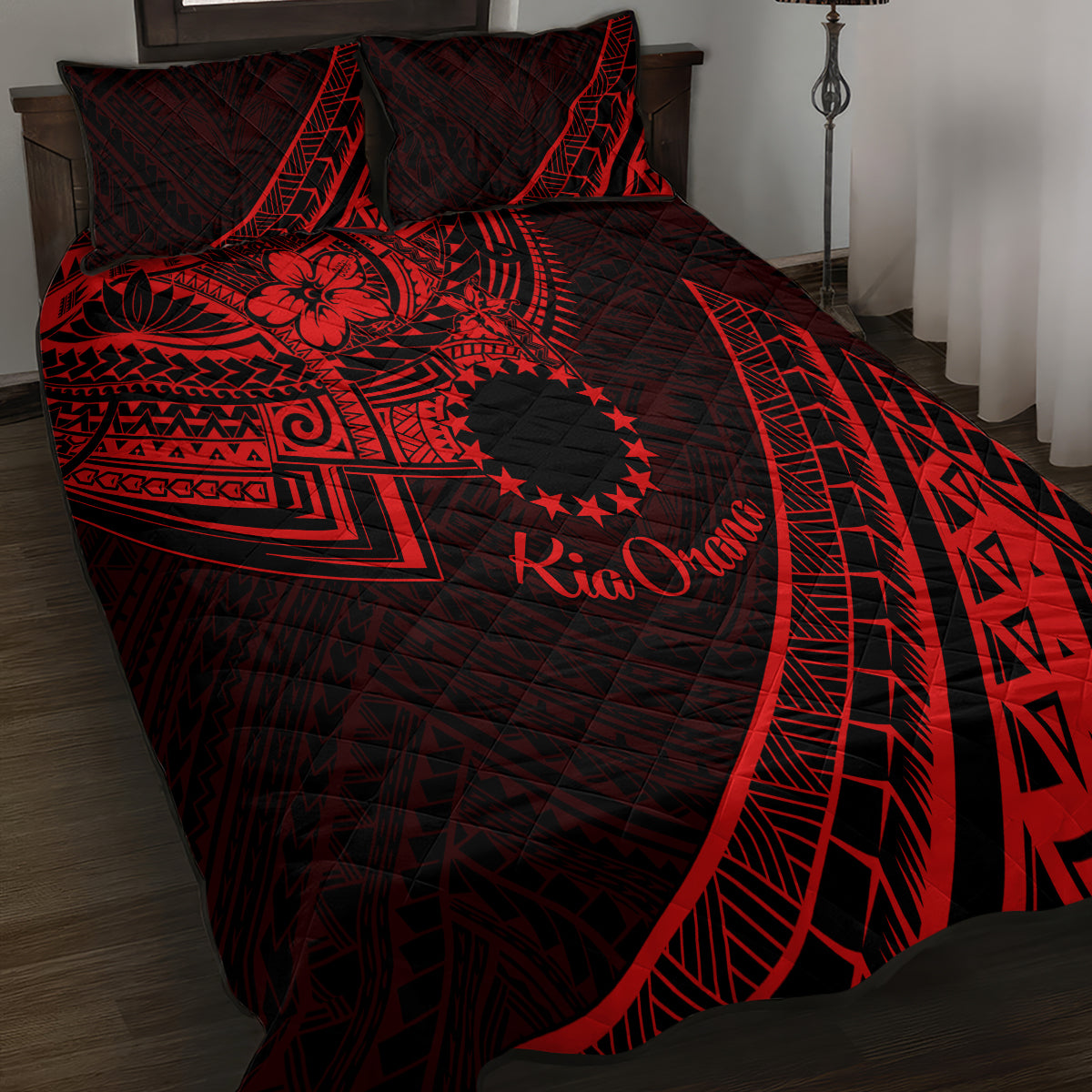 Kia Orana Cook Islands Quilt Bed Set Circle Stars With Floral Red Pattern LT01 - Polynesian Pride