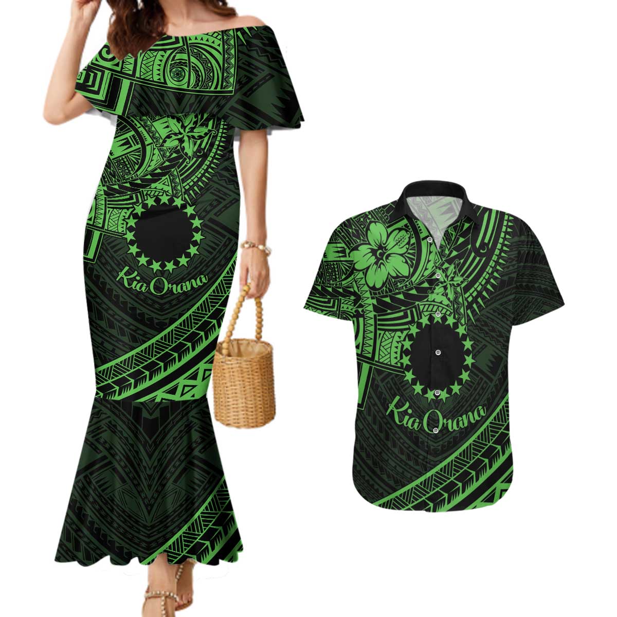 Kia Orana Cook Islands Couples Matching Mermaid Dress and Hawaiian Shirt Circle Stars With Floral Green Pattern LT01