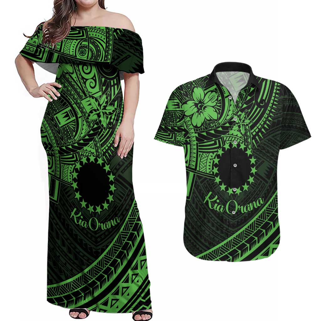 Kia Orana Cook Islands Couples Matching Off Shoulder Maxi Dress and Hawaiian Shirt Circle Stars With Floral Green Pattern LT01