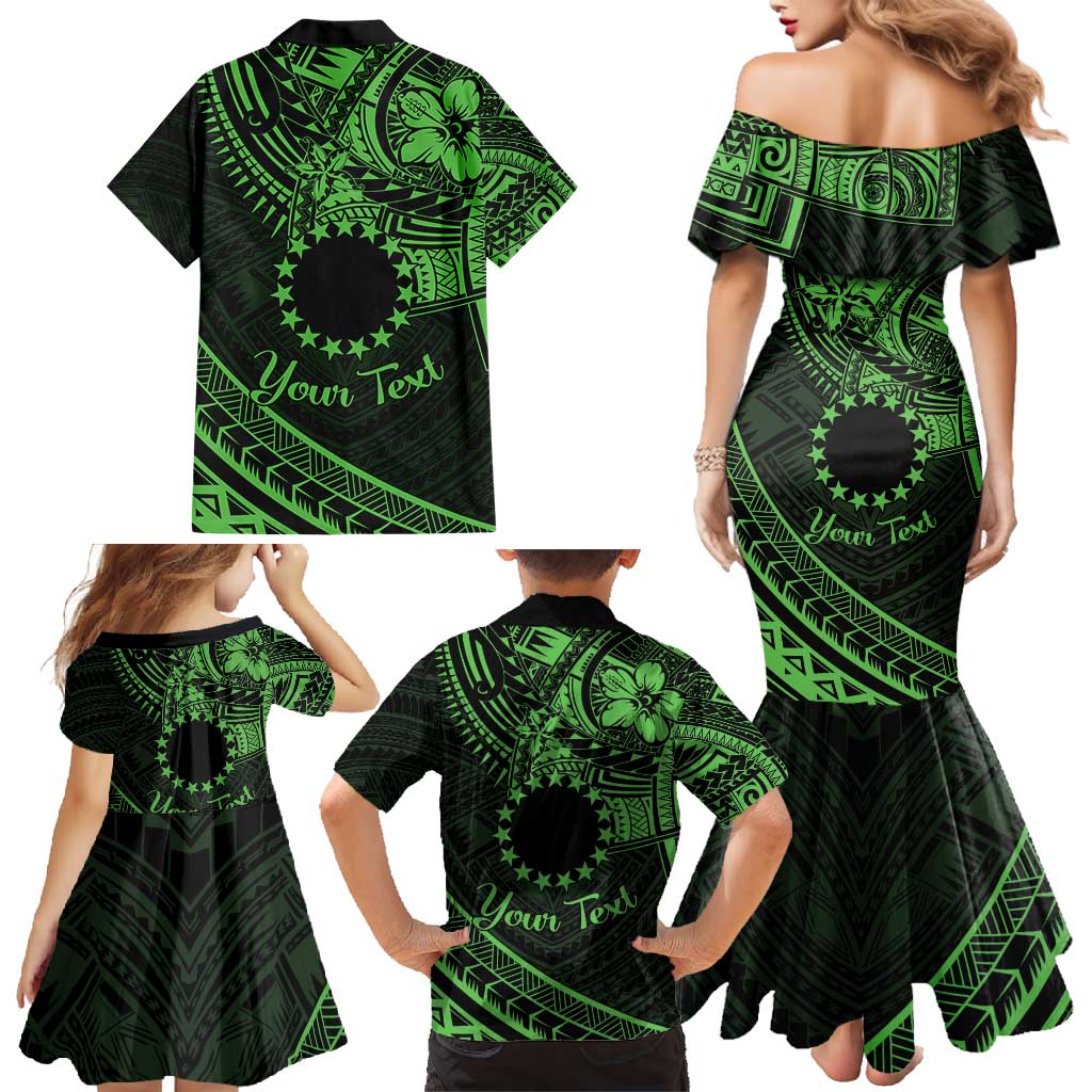 Kia Orana Cook Islands Family Matching Mermaid Dress and Hawaiian Shirt Circle Stars With Floral Green Pattern LT01