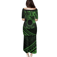 Kia Orana Cook Islands Family Matching Puletasi Dress and Hawaiian Shirt Circle Stars With Floral Green Pattern LT01