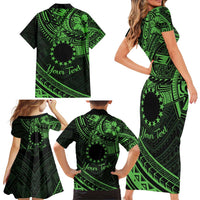 Kia Orana Cook Islands Family Matching Short Sleeve Bodycon Dress and Hawaiian Shirt Circle Stars With Floral Green Pattern LT01