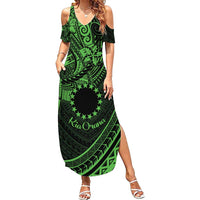 Kia Orana Cook Islands Family Matching Summer Maxi Dress and Hawaiian Shirt Circle Stars With Floral Green Pattern LT01