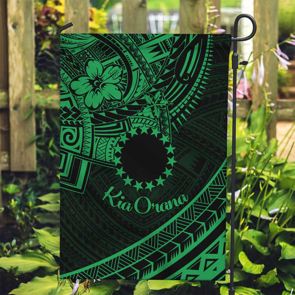 Kia Orana Cook Islands Garden Flag Circle Stars With Floral Green Pattern LT01 Garden Flag Green - Polynesian Pride