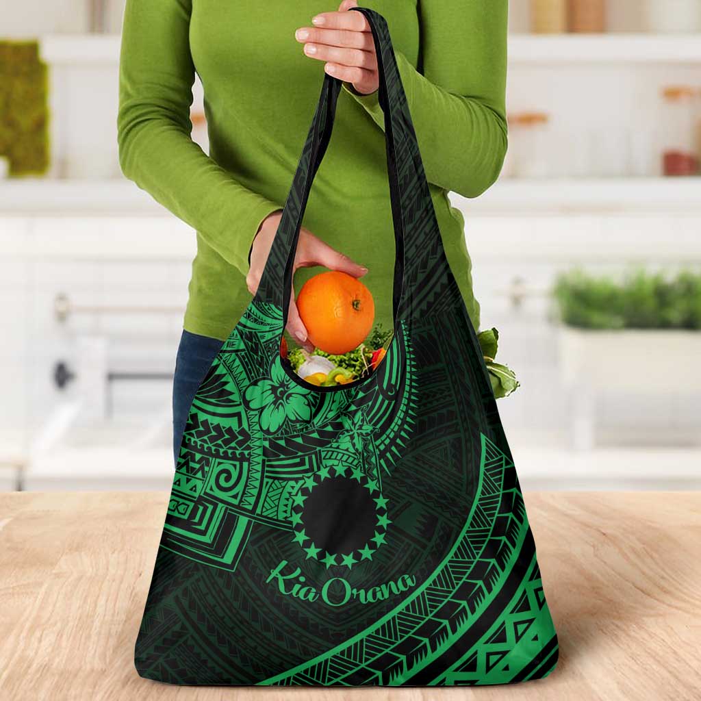 Kia Orana Cook Islands Grocery Bag Circle Stars With Floral Green Pattern